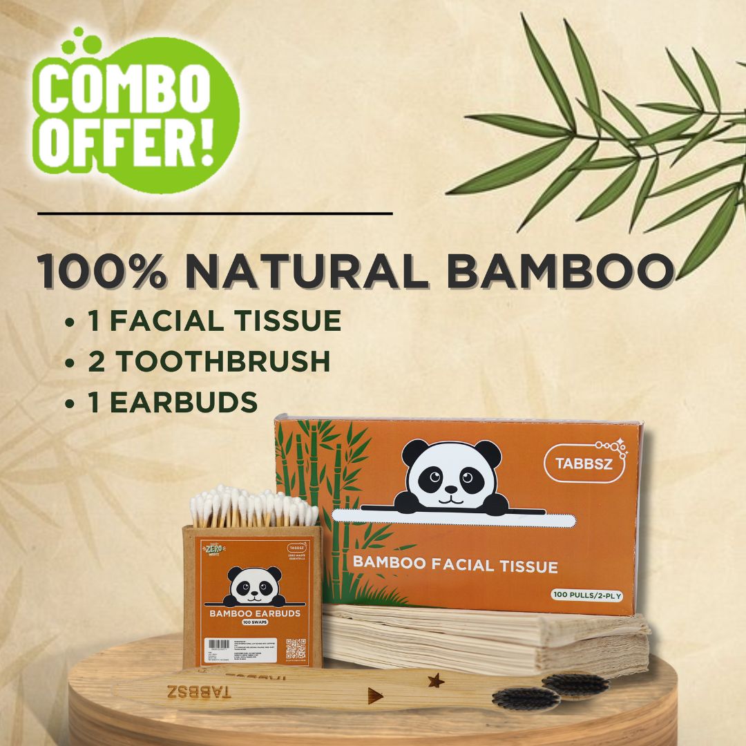 100%naturalbamboo, combopack, bambooearbuds, bamboo toothbrush, bamboo facial tissue, plasticfree, ecofriendly, zerowaste, sustainable, tabbsz