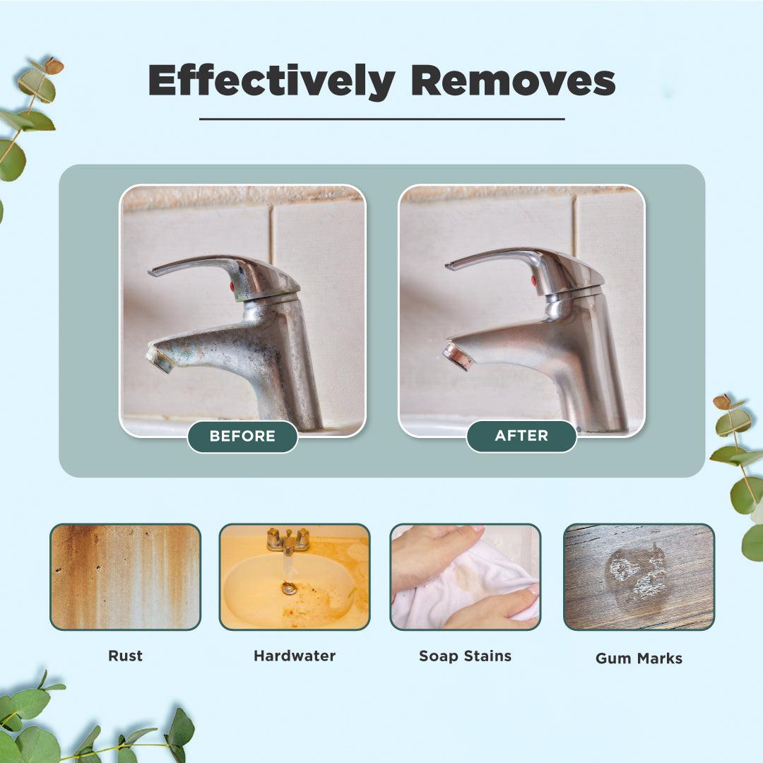 Before and after comparison TABBSZ multi-surface stain remover, effectively removing rust, hard water stains, soap scum,gum marks, stainless steel cleaner