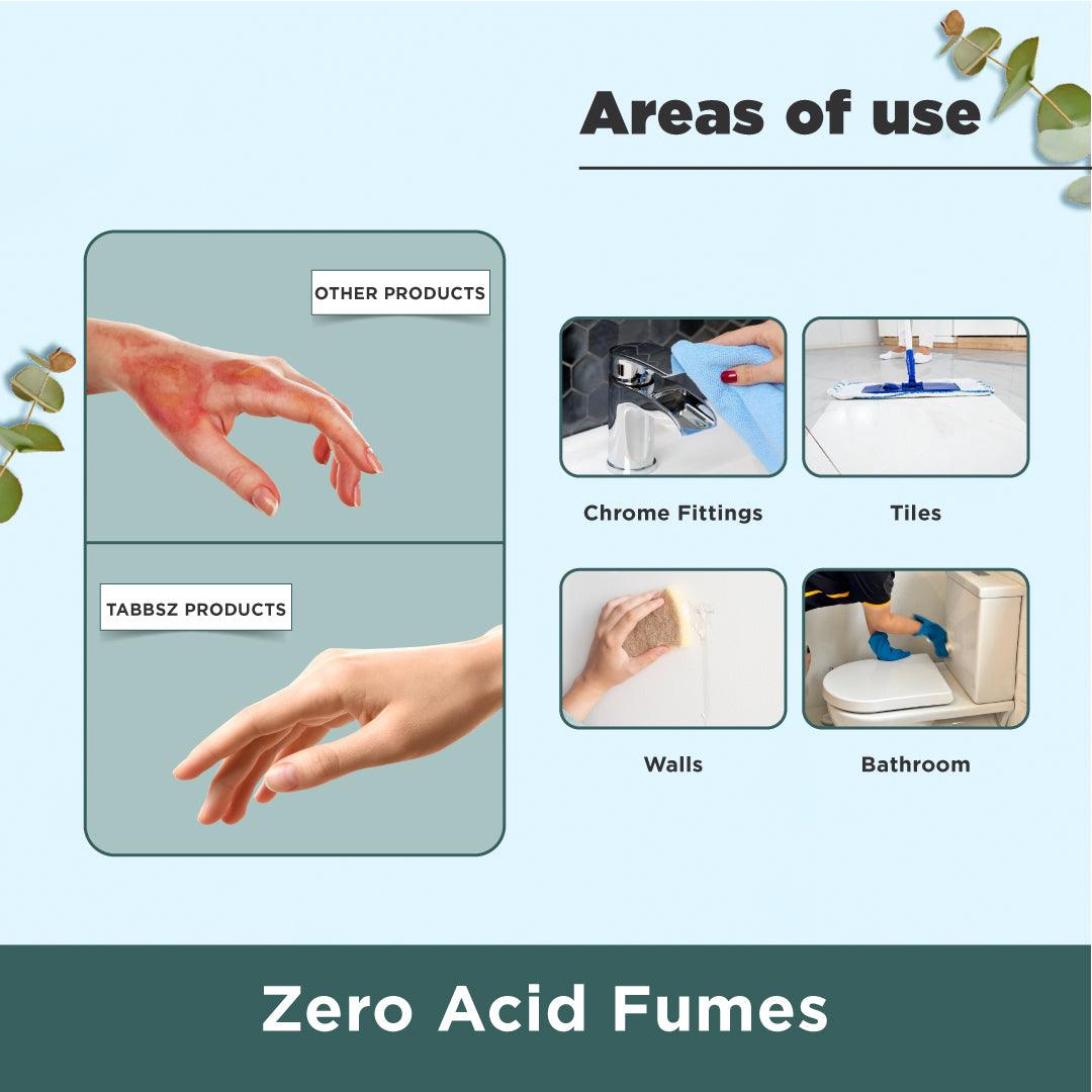 TABBSZ multi-surface stain remover areas of use – safe on skin with no acid burns, effective on chrome fittings, tiles, walls, and bathrooms, promotes zero acid fumes and gentle cleaning.