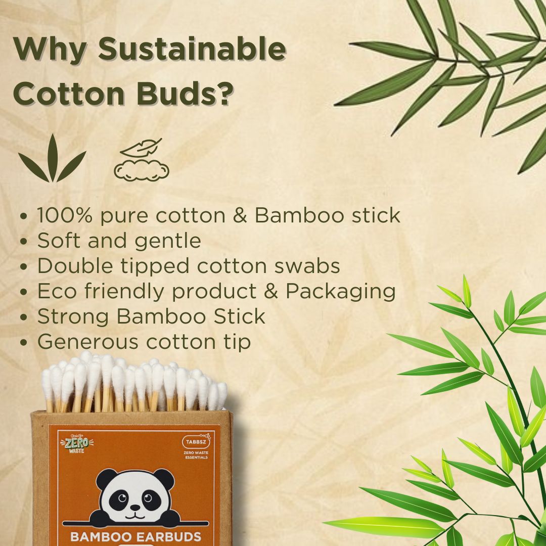 bamboo earbuds benefits, sustainable cotton buds, eco-friendly cotton swabs, bamboo cotton buds, plastic-free earbuds, biodegradable earbuds, zero waste earbuds, strong bamboo stick cotton buds, TABBSZ bamboo earbuds
