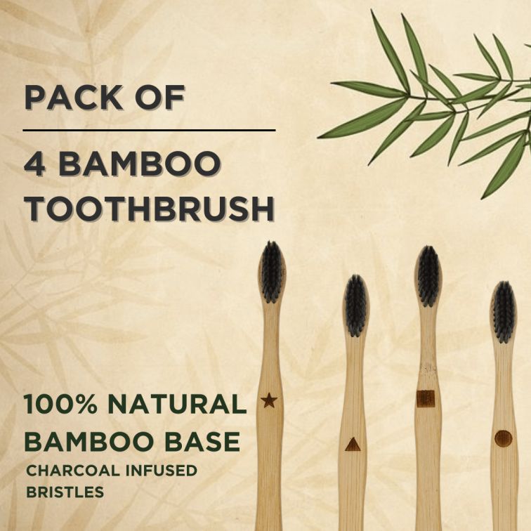 pack of 4 bamboo toothbrushes, natural bamboo toothbrush, charcoal infused bristles, eco-friendly toothbrush set, biodegradable toothbrush, sustainable bamboo toothbrush, bamboo toothbrush family pack