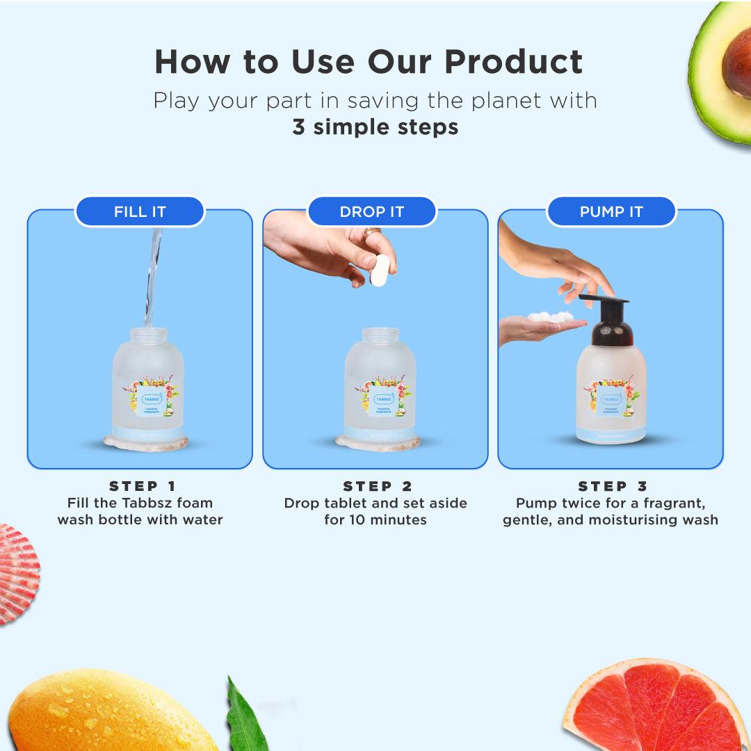 tabbsz, foam wash, foam wash tablets, plastic free, nontoxic, child safe, skin friendly, zero waste, eco friendly, India's first foam wash tablet, shipping globally, sensitive skin foam wash, gentle foam wash for sensitive skin, refillable foam wash, best foam wash, affordable foam wash, plastic-free soap, refillable foaming soap, ocean mist, foam wash