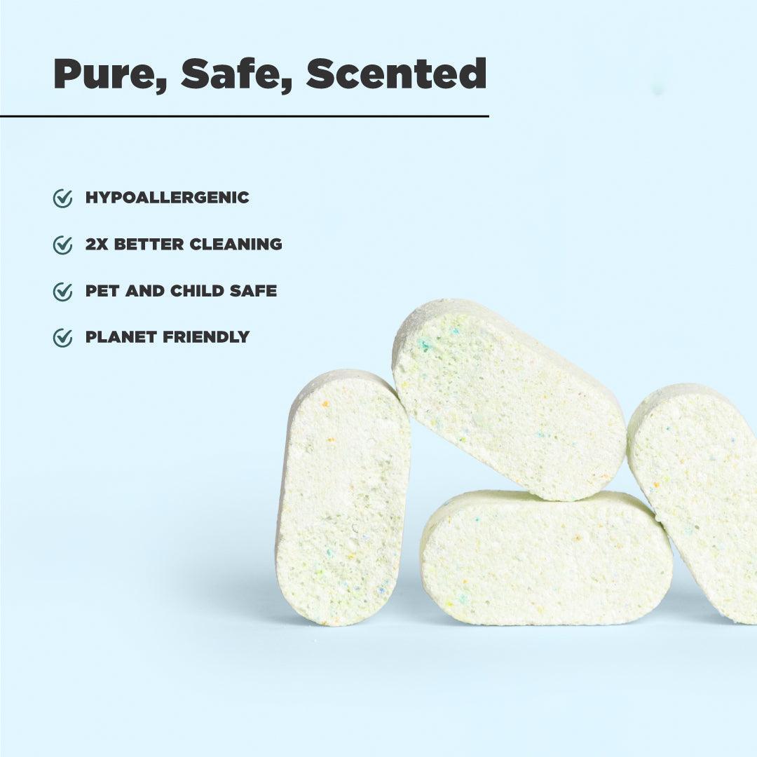 Stack of eco-friendly cleaning tablets, hypoallergenic, 2x better cleaning, safe for pets and children, planet-friendly, eczema safe,skin friendly,sustainable