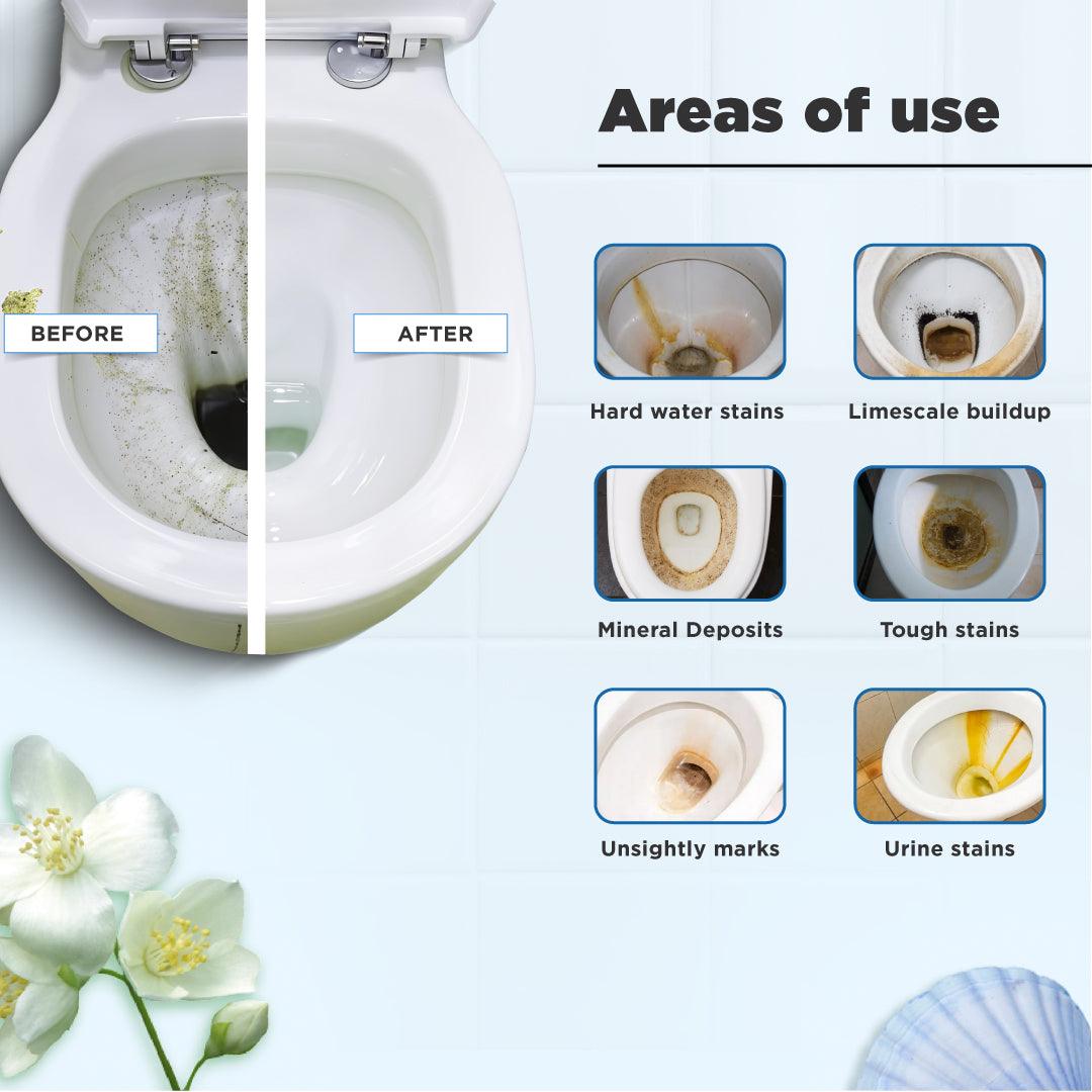 Before and after results of Tabbsz toilet cleaner tablet removing tough toilet stains, including hard water stains, limescale buildup, mineral deposits, urine stains, unsightly marks, and stubborn grime; effective eco-friendly toilet cleaning solution.