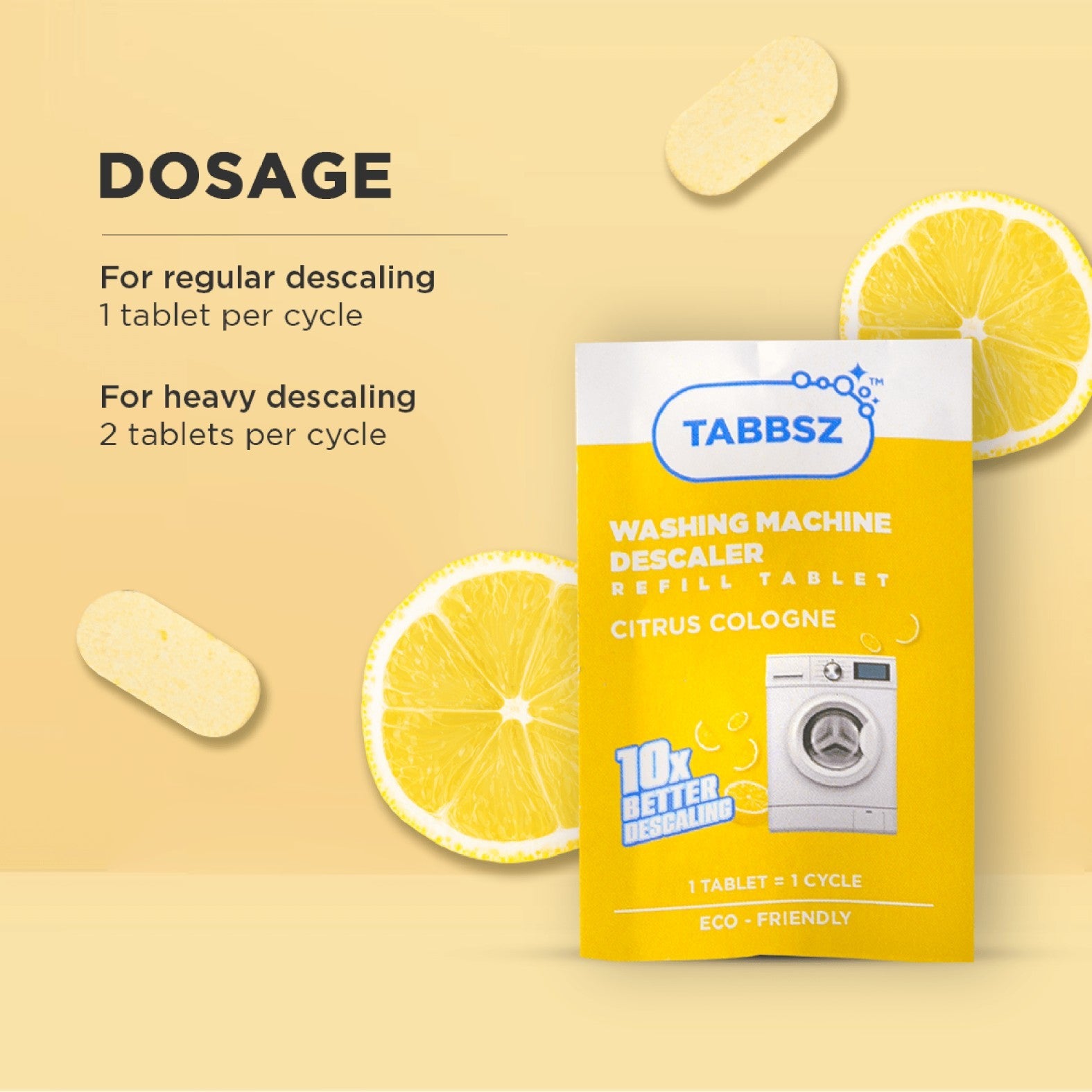 Tabbsz Organic Washing Machine Descaler, Citrus Cologne Fragrance, Natural Cleaning Tablets, Eco-Friendly Limescale Remover for Front and Top Load Washers