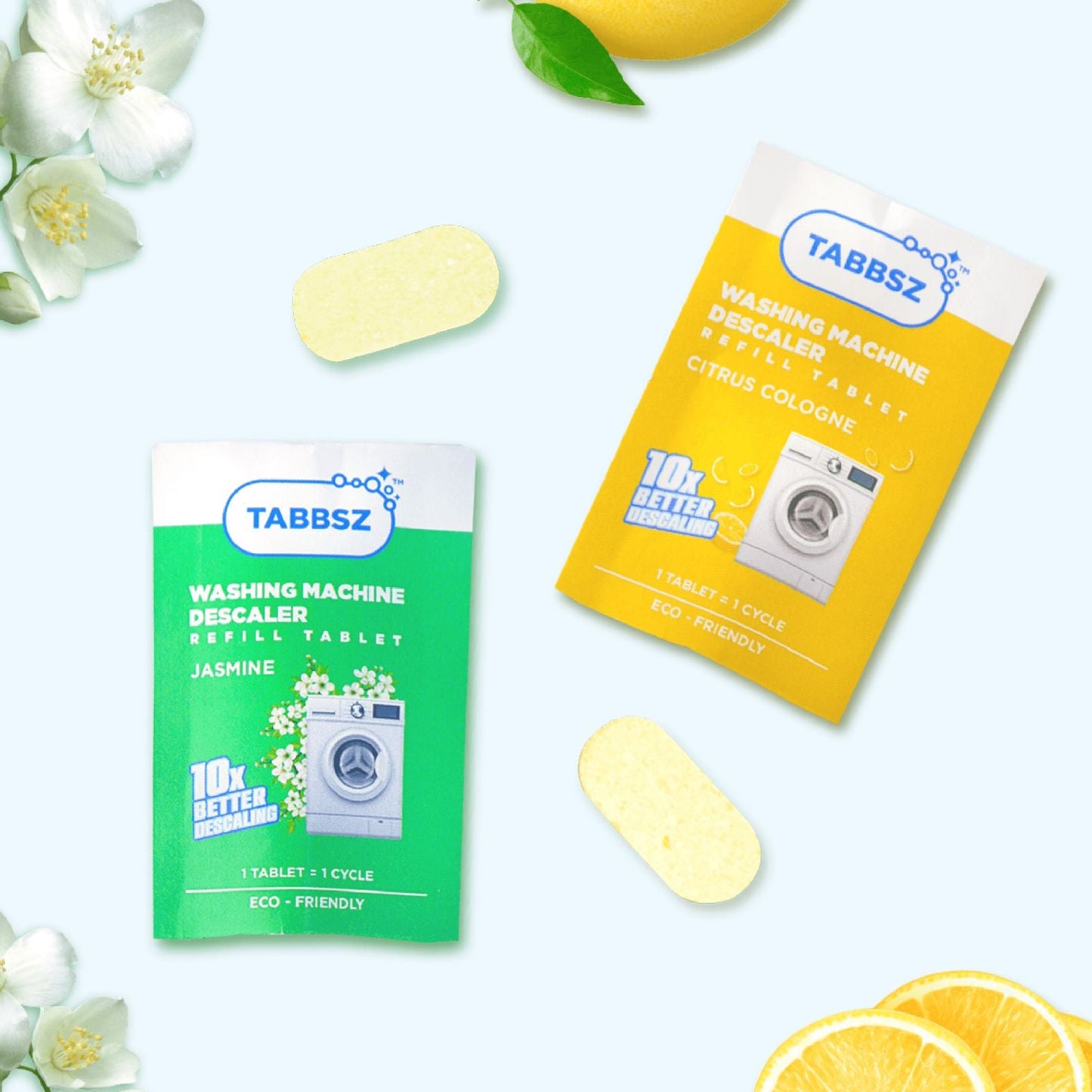 Tabbsz Washing Machine Assorted Pack, Natural Cleaning Tablets, Eco-Friendly Washer Cleaner, Limescale Remover, Odour Eliminator, Biodegradable Washing Machine Cleaner, Front and Top Load Safe, Sustainable Laundry Care