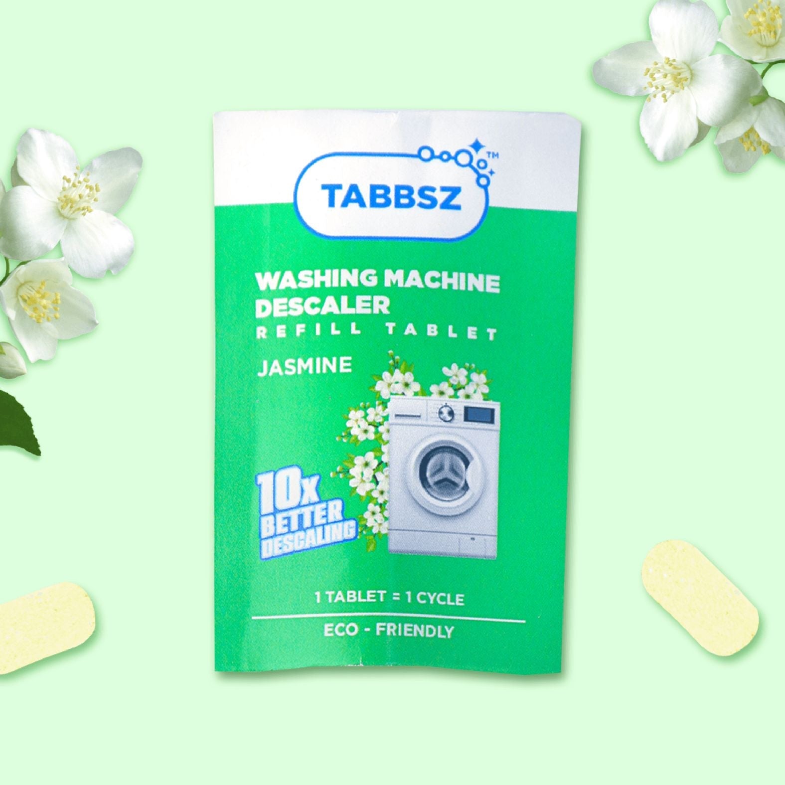 Tabbsz Washing Machine Descaler, Jasmine Scent, Eco-Friendly Cleaning Tablets, Natural Limescale Remover, Safe for Front and Top Load Washers, washine machine washer