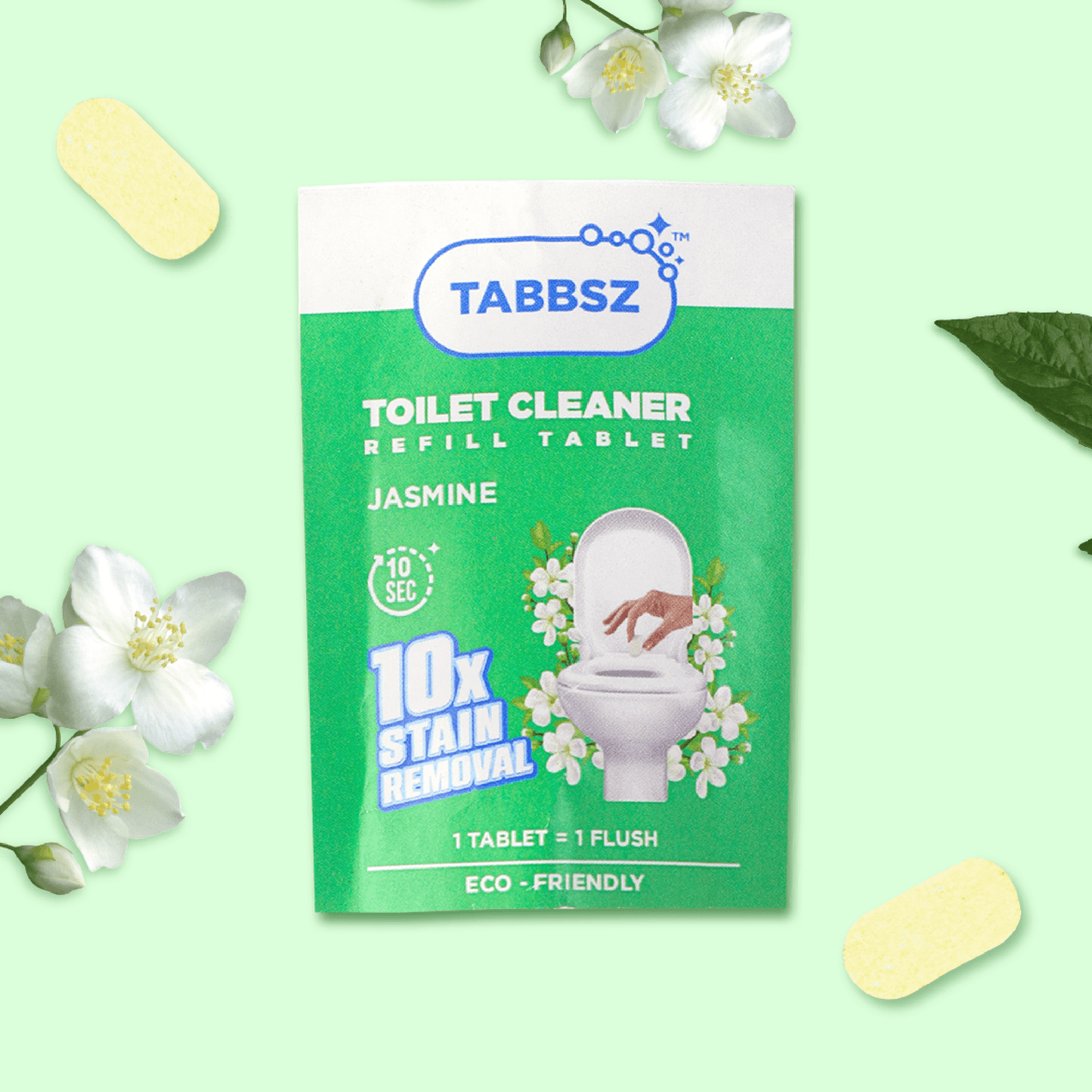 Tabbsz toilet cleaner refill tablet in jasmine fragrance, eco-friendly packaging with 10x stain removal power, 1 tablet per flush, natural floral design with jasmine flowers.