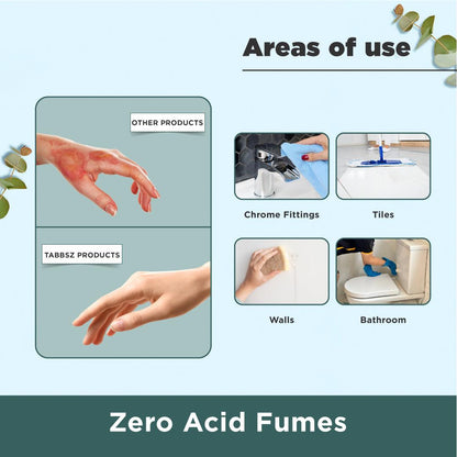 TABBSZ multi-surface stain remover areas of use – safe on skin with no acid burns, effective on chrome fittings, tiles, walls, and bathrooms, promotes zero acid fumes and gentle cleaning.