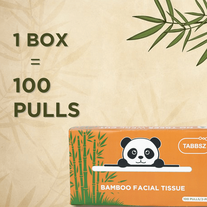 Eco-friendly, bamboo facial tissue box, with panda illustration, 1 box equals 100 pulls, TABBSZ packaging, sustainable, plastic-free, chemical-free, beige bamboo background