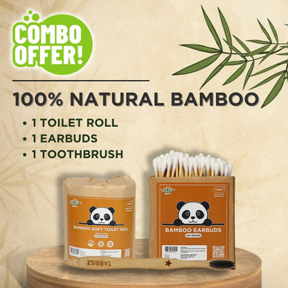 combo offer, 100% natural bamboo combo, bamboo toilet paper, bamboo toilet roll, bamboo earbuds, bamboo cotton swabs, bamboo toothbrush, ecofriendly bathroom kit, zerowaste products, plasticfree toilet paper, sustainable bathroom essentials, ecofriendly hygiene kit