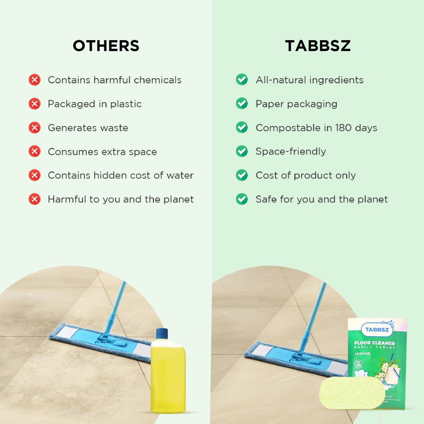 tabbsz, floor cleaner, Jasmin floor cleaner, rose floor cleaner, jasmine floor cleaner, lime floor cleaner and lavender floor cleaner, comparison-vs-others, chemical free , plastic free, nontoxic, child safe, pet safe, zero waste, eco friendly, clean floors, compostable paper packaging, all natural ingredients floor cleaner.
