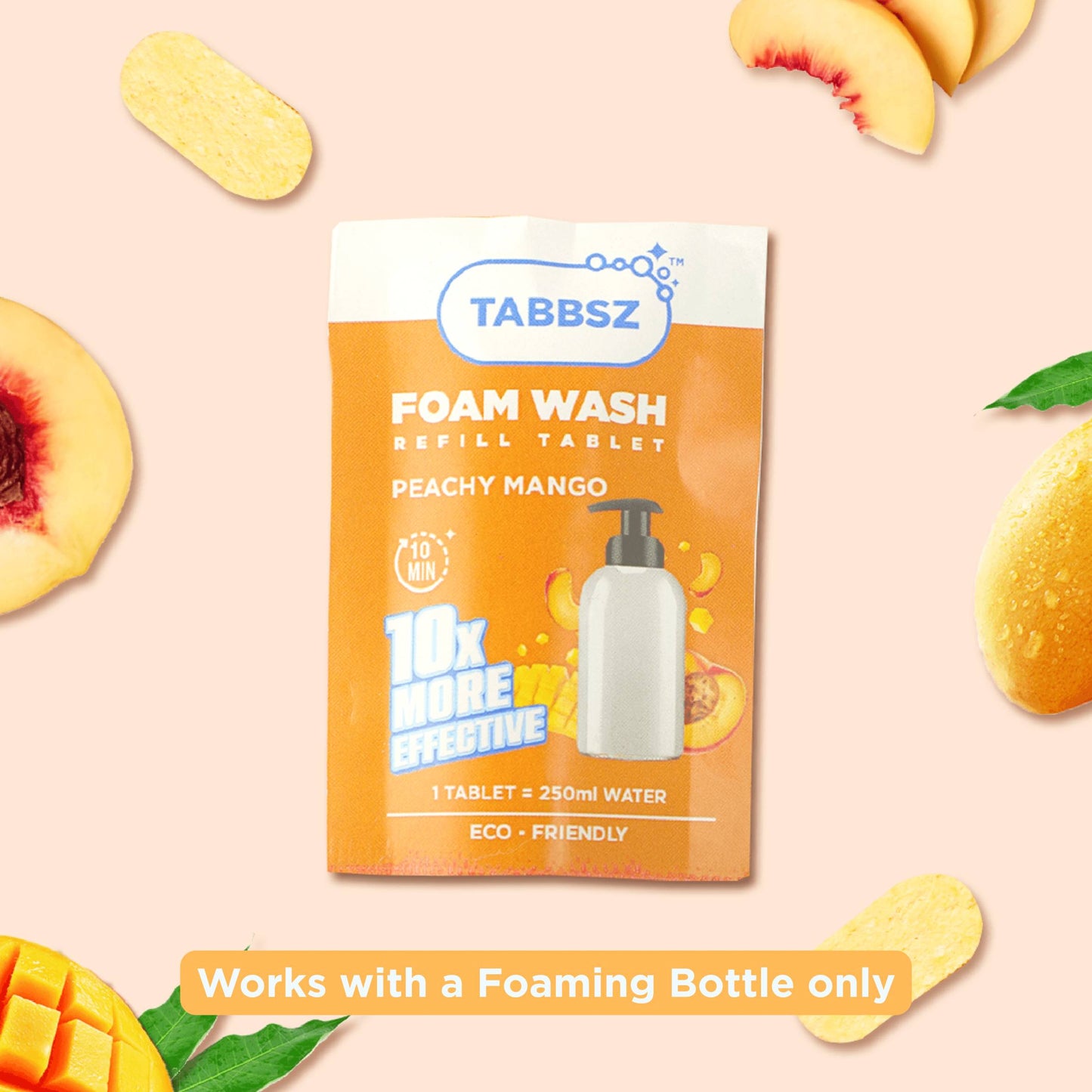 tabbsz, foam wash, foam wash tablets, plastic free, nontoxic, child safe, skin friendly, zero waste, eco friendly, India's first foam wash tablet, shipping globally, sensitive skin foam wash, gentle foam wash for sensitive skin, refillable foam wash, best foam wash, affordable foam wash, plastic-free soap, refillable foaming soap, Peachy Mango foam wash