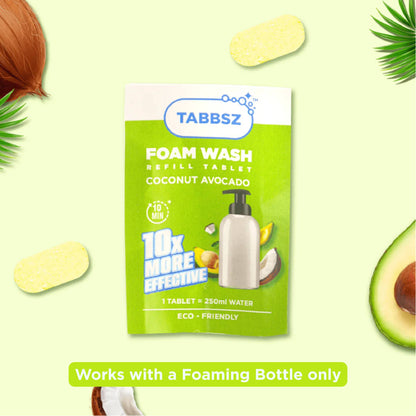 tabbsz, foam wash, foam wash tablets, plastic free, nontoxic, child safe, skin friendly, zero waste, eco friendly, India's first foam wash tablet, shipping globally, sensitive skin foam wash, gentle foam wash for sensitive skin, refillable foam wash, best foam wash, affordable foam wash, plastic-free soap, refillable foaming soap, coconut avacado foam wash
