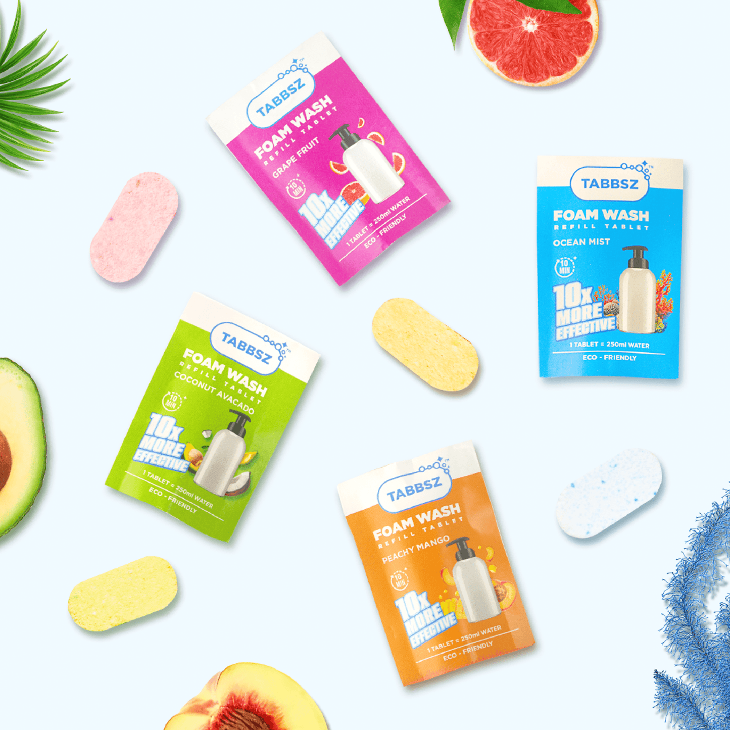 tabbsz, foam wash, assorted pack pack of 2,pack of 8,pack of 16,pack of 32, foam wash tablets, plastic free, nontoxic, child safe, skin friendly, zero waste, eco friendly, India's first foam wash tablet, shipping globally, sensitive skin foam wash, gentle foam wash for sensitive skin, refillable foam wash, best foam wash, affordable foam wash