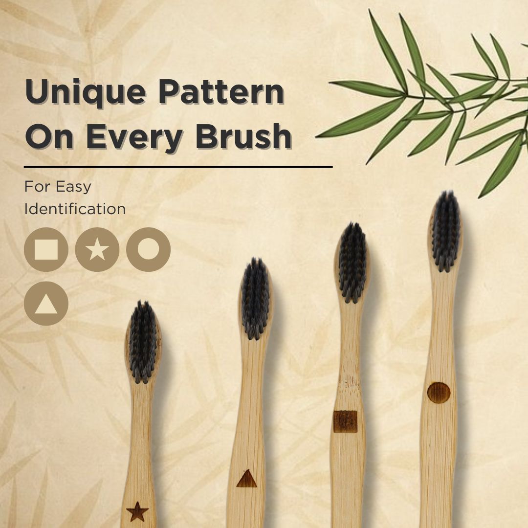 bamboo toothbrush unique pattern, easy identification toothbrush, engraved bamboo toothbrush, bamboo toothbrush with symbols, eco-friendly bamboo toothbrush set, sustainable bamboo toothbrush